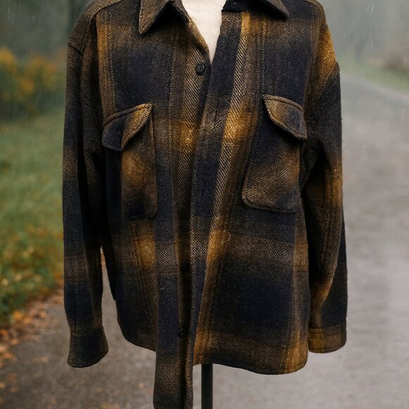 Vtg 90s First Down Plaid Flannel Button Down Shirt Jacket Wool Blend Sz L - Picture 1 of 9